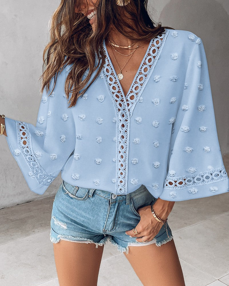 Large Swiss Dot Lace Hollow out V neck Flare Sleeve Casual Blouse Top
