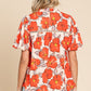 Orange Floral Bubble Sleeve Frill Neck Loose Blouse