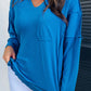 Blue Ribbed Exposed Seam Knit V Neck Long Sleeve Top