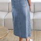 Dusk Blue Light Wash Belted High Waist Midi Denim Skirt