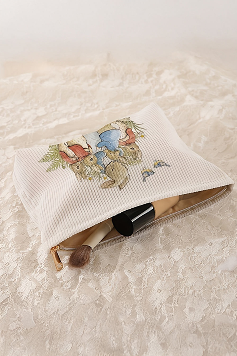 White Easter Rabbits Print Textured Zipper Cosmetic Bag