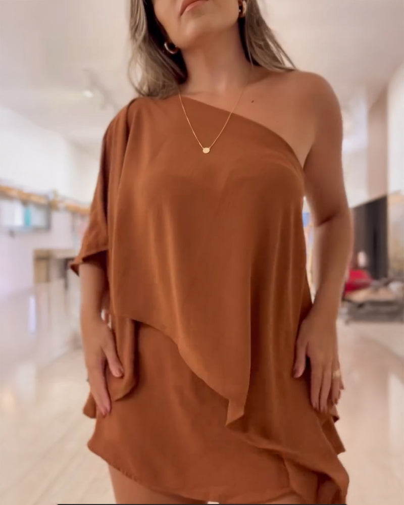 3 Pieces Outfit Solid Off Shoulder Split Sleeve Convertible Crop Top and Casual Elastic Waist Skorts Set With Bandeau(Without Belt)