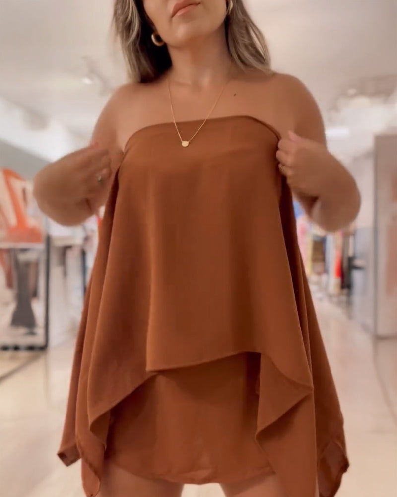 3 Pieces Outfit Solid Off Shoulder Split Sleeve Convertible Crop Top and Casual Elastic Waist Skorts Set With Bandeau(Without Belt)