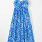 Blue Paisley V Neck Crisscross Backless Maxi Dress