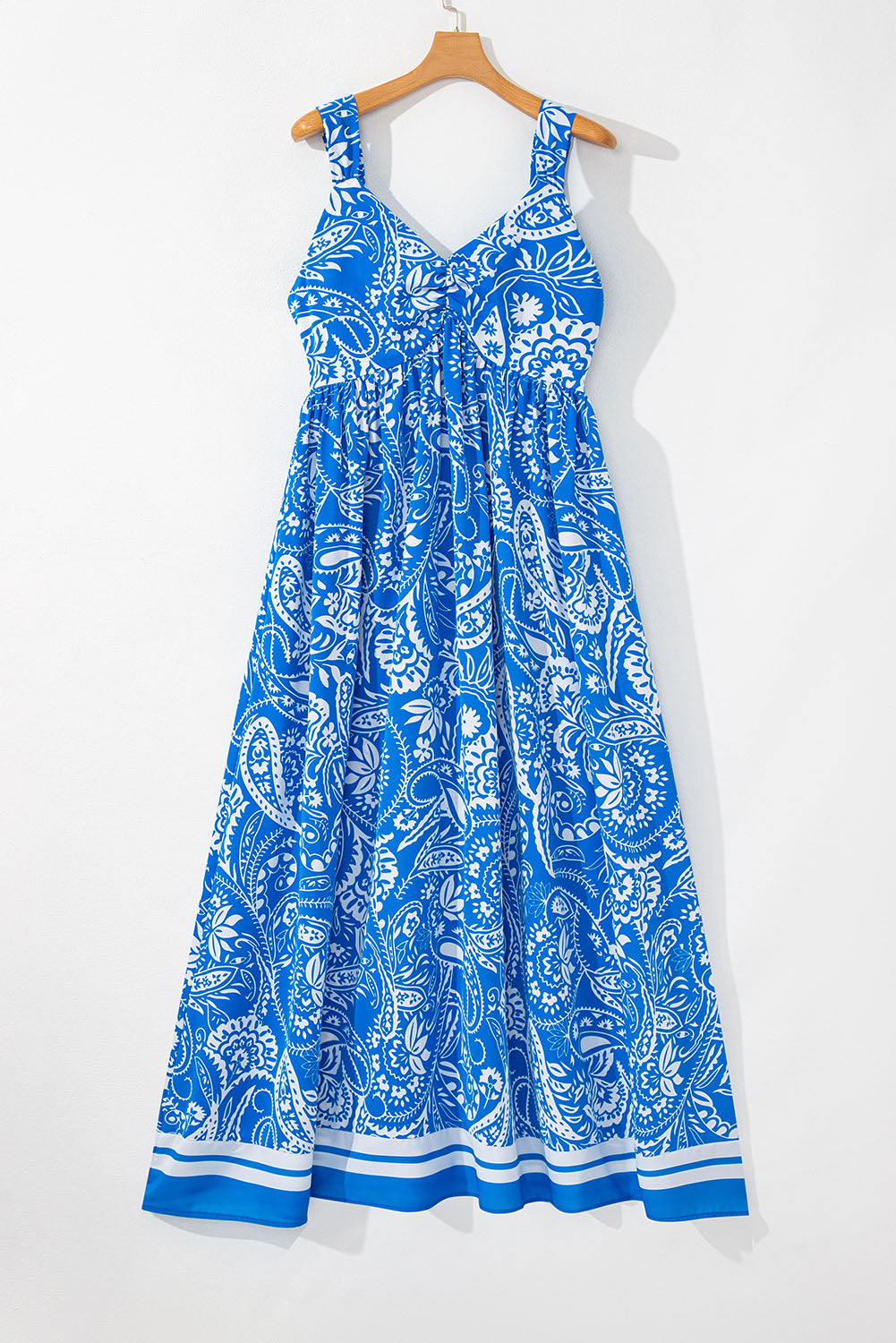 Blue Paisley V Neck Crisscross Backless Maxi Dress