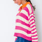 Rose Stripe Color Block Collared V Neck Drop Shoulder Sweater