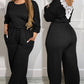 Drop Shoulder Long Sleeve Contrast Lace Backless Overalls Casual Elastic Waist Wide Leg Jumpsuit
