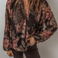Black Floral Print Criss Cross V Neck Balloon Sleeve Blouse