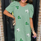 Mint Green Sequin Clover Graphic Puff Sleeve Corded T Shirt Dress