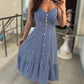 Striped Print V Neck Button Front Dress Casual A Line Spaghetti Strap Dress