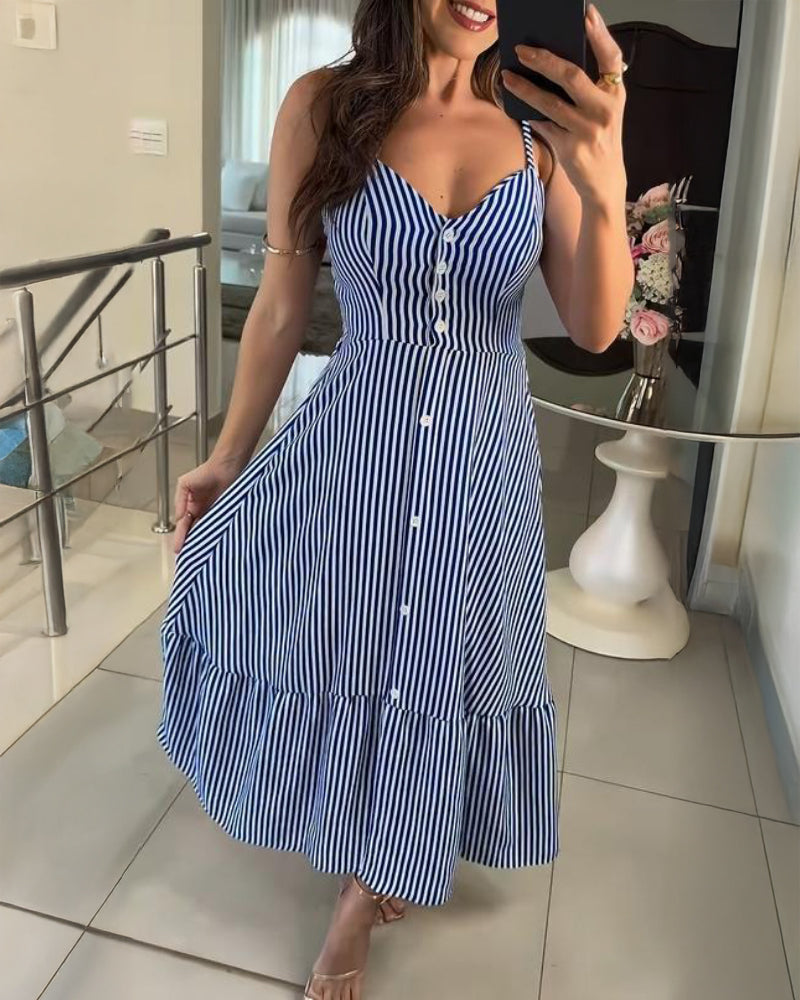 Striped Print V Neck Button Front Dress Casual A Line Spaghetti Strap Dress