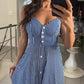 Striped Print V Neck Button Front Dress Casual A Line Spaghetti Strap Dress