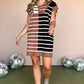 Black Stripe Color Block Quarter Zip Collar Short Sleeve Sweater Dress