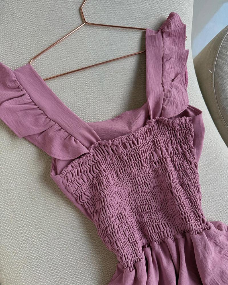 Plain Ruffles Shoulder Strap Square Neck Dress Romper Casual Shirred Waist Tied Detail Layered Short Jumpsuit