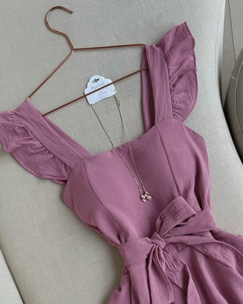 Plain Ruffles Shoulder Strap Square Neck Dress Romper Casual Shirred Waist Tied Detail Layered Short Jumpsuit