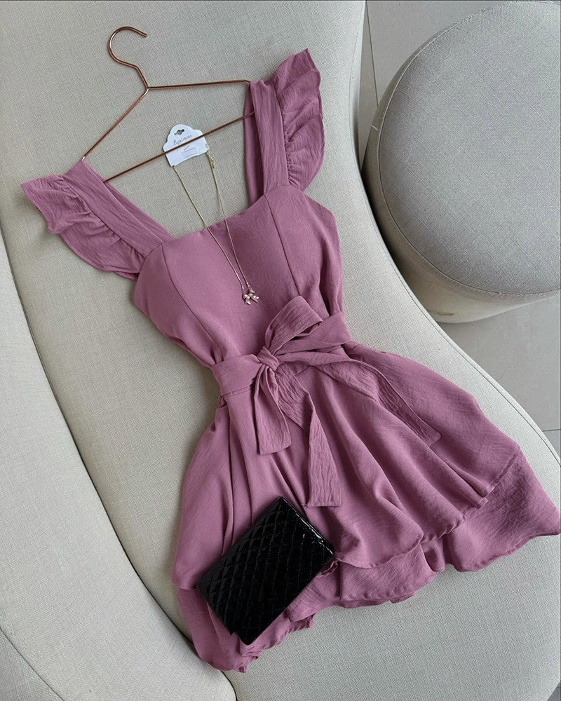 Plain Ruffles Shoulder Strap Square Neck Dress Romper Casual Shirred Waist Tied Detail Layered Short Jumpsuit