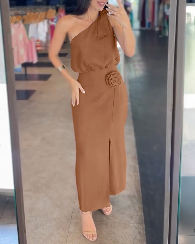 2 Pieces Outfit Asymmetrical Neck Sleeveless Elastic Waist Top and 3D Print Design High Waist Slit Dress