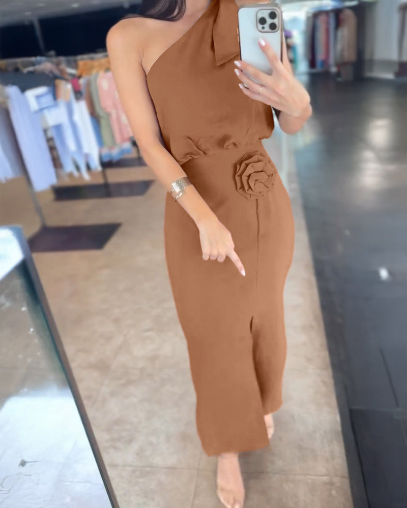 2 Pieces Outfit Asymmetrical Neck Sleeveless Elastic Waist Top and 3D Print Design High Waist Slit Dress