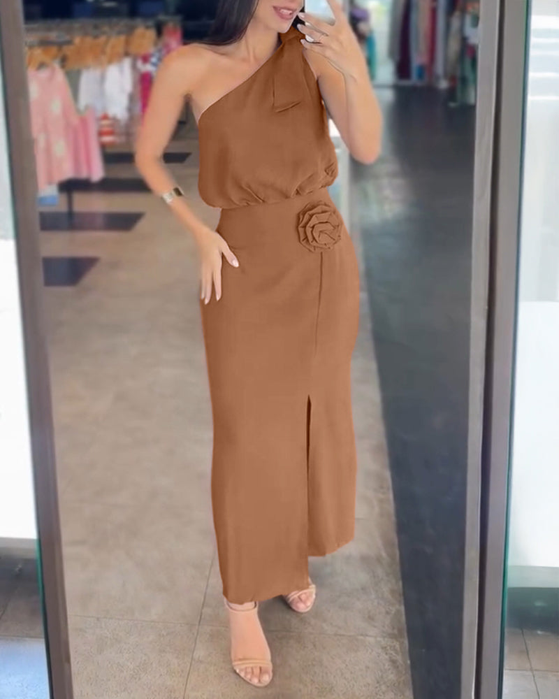 2 Pieces Outfit Asymmetrical Neck Sleeveless Elastic Waist Top and 3D Print Design High Waist Slit Dress