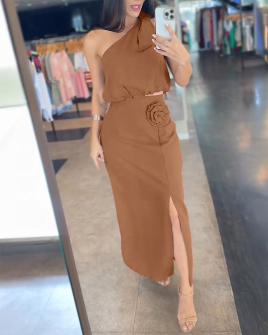 2 Pieces Outfit Asymmetrical Neck Sleeveless Elastic Waist Top and 3D Print Design High Waist Slit Dress