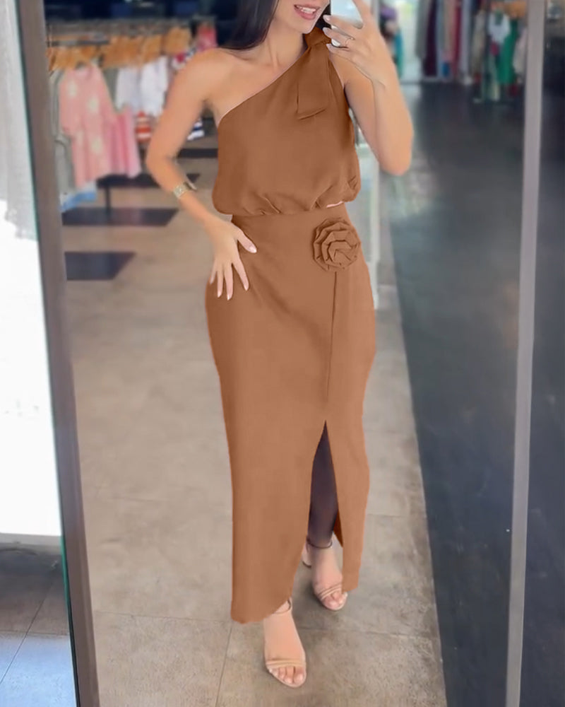 2 Pieces Outfit Asymmetrical Neck Sleeveless Elastic Waist Top and 3D Print Design High Waist Slit Dress