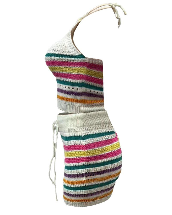 Rainbow Stripe Print Crochet Knit Halter Tank & Skirt Set