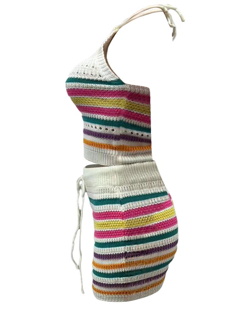 Striped Colorblock Sleeveless Crochet Mini Dress