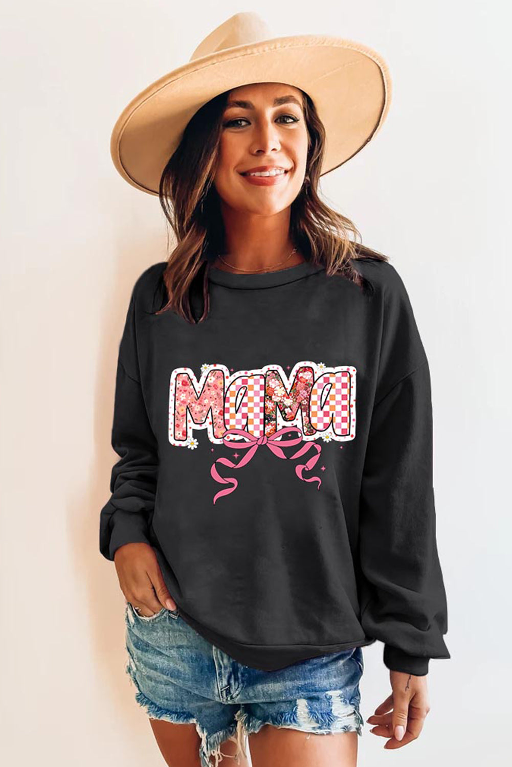 Black Floral Checkered Bow Printed Pullover Sweatshirt