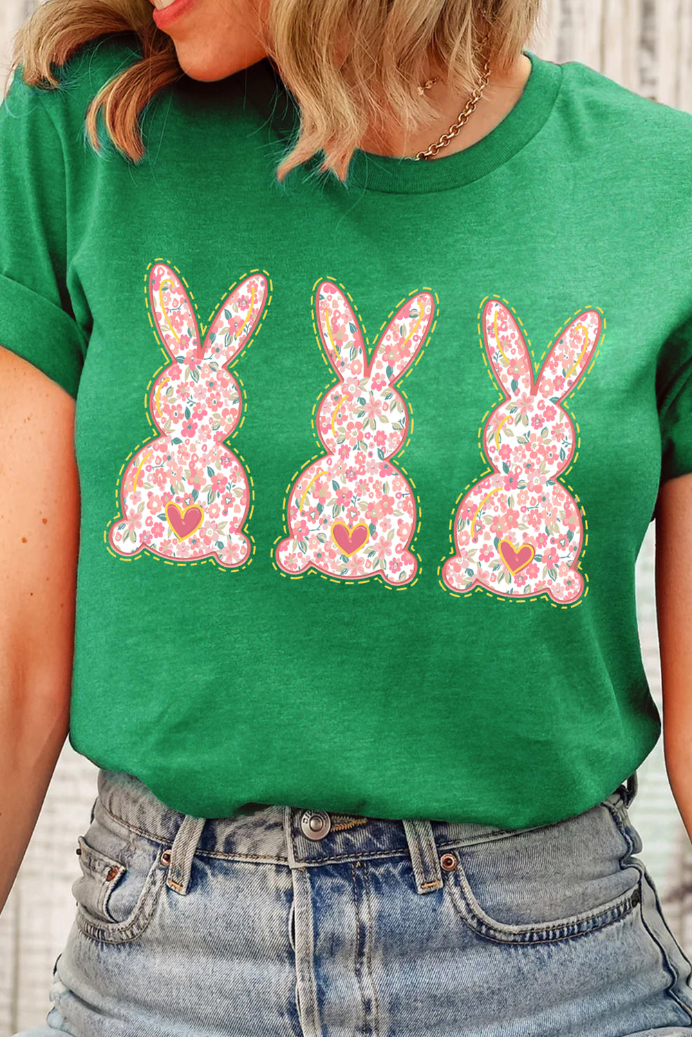 Bright Green Easter Floral Rabbit Print Crew Neck T Shirt