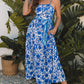Blue Floral Printed Spaghetti Strap Maxi Dress with Waist Tie