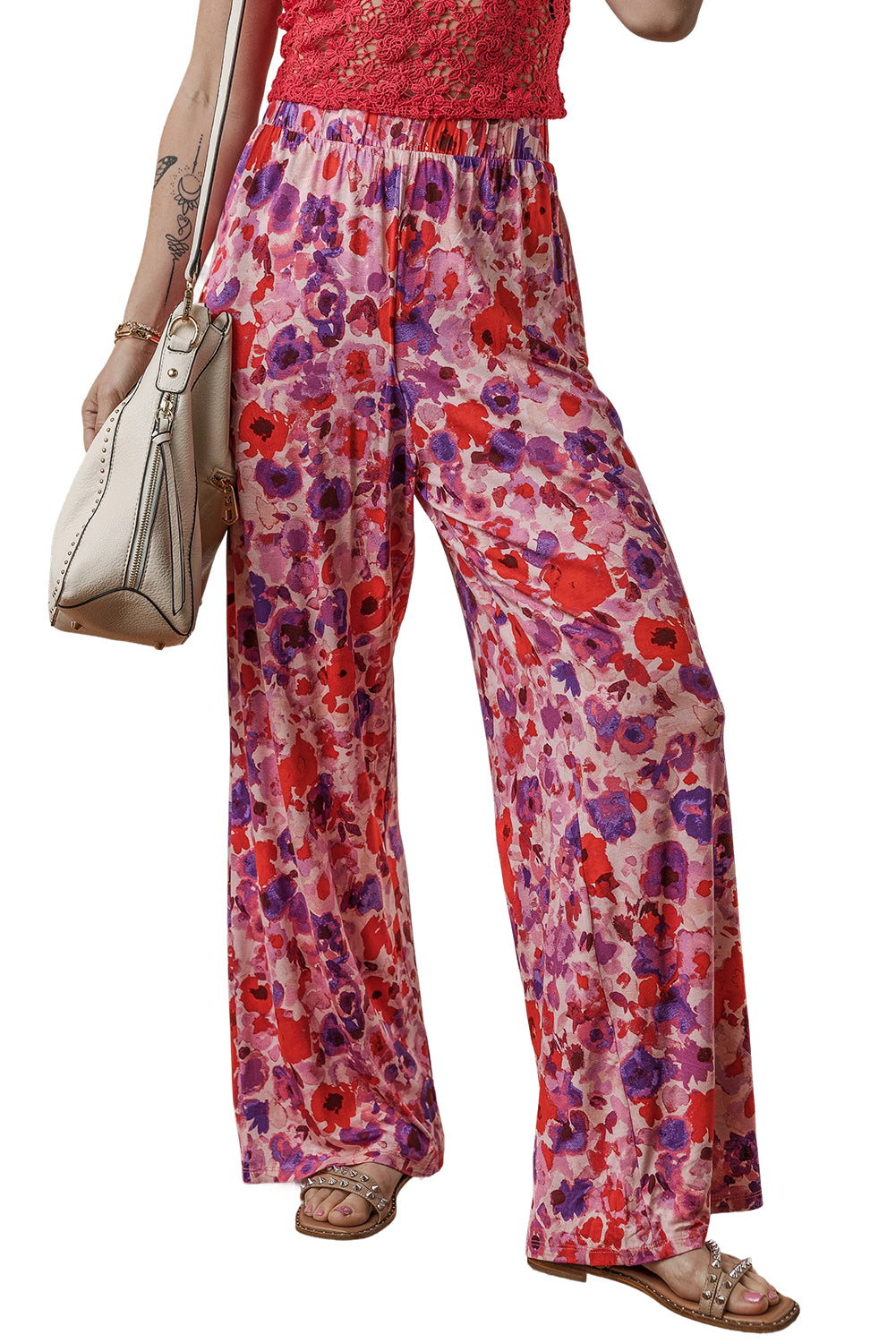 Purple Floral Wide Leg Elastic High Waist Pants