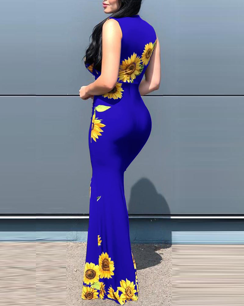Plunge Sunflower Print High Slit Party Dress
