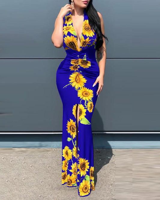 Plunge Sunflower Print High Slit Party Dress