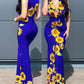 Plunge Sunflower Print High Slit Party Dress