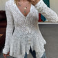 Lace V Neck Pearl Button Decor Blouse Elegant Asymmetrical Ruffles Cardigan Top