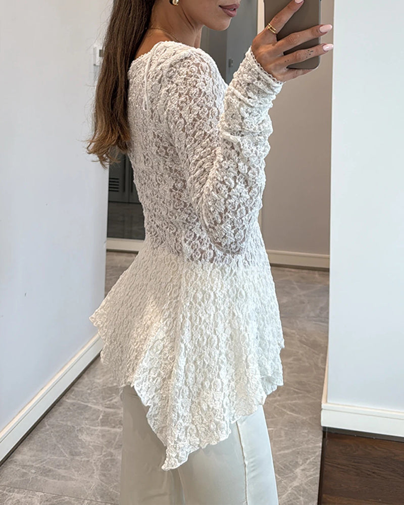 Lace V Neck Pearl Button Decor Blouse Elegant Asymmetrical Ruffles Cardigan Top
