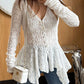 Lace V Neck Pearl Button Decor Blouse Elegant Asymmetrical Ruffles Cardigan Top