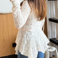 Lace V Neck Pearl Button Decor Blouse Elegant Asymmetrical Ruffles Cardigan Top