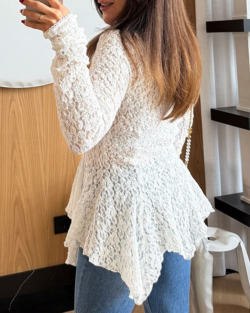 Lace V Neck Pearl Button Decor Blouse Elegant Asymmetrical Ruffles Cardigan Top