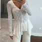 Lace V Neck Pearl Button Decor Blouse Elegant Asymmetrical Ruffles Cardigan Top