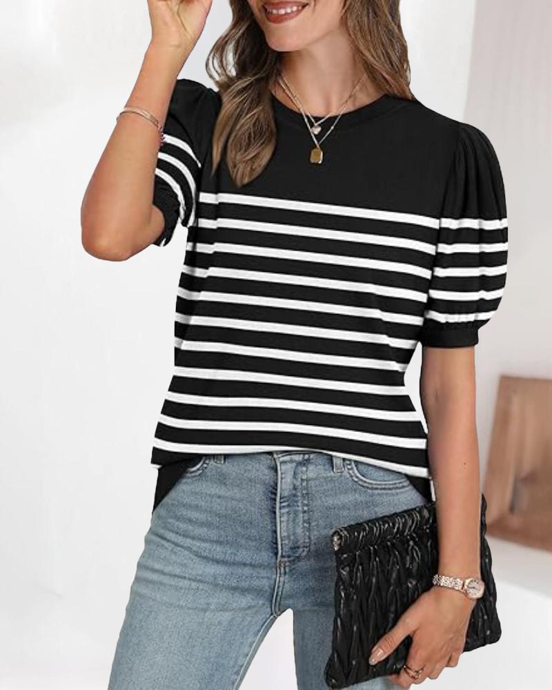 Striped Print Round Neck Puff Sleeve Sweater  Caual Loose Fit Work Top