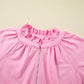 Pink Half Zip Puff Sleeve Top and Ruffled Shorts Set