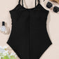 Black Beaded Spaghetti Straps Ruched Overlapped Colorblock One Piece Swimsuit