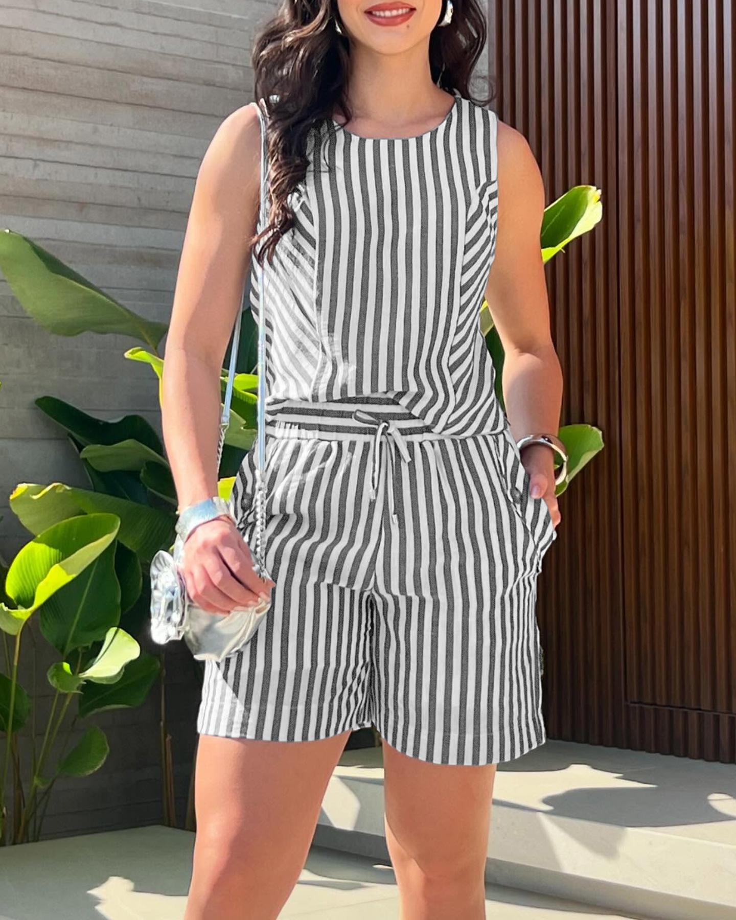 2 Pieces Outfit Striped Print Round Neck Sleeveless Tank Top and Casual Shorts Set