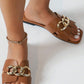 Chestnut Metal Chain Decor Square Toe Faux Leather Slippers