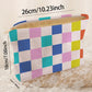 Pink Color Block Checkered Zipper Corduroy Cosmetic Bag
