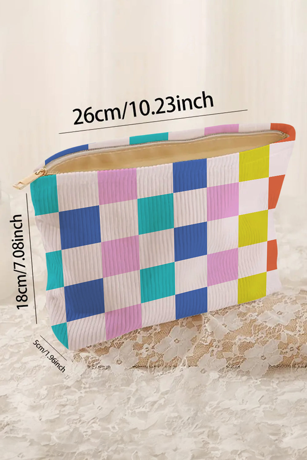 Pink Color Block Checkered Zipper Corduroy Cosmetic Bag