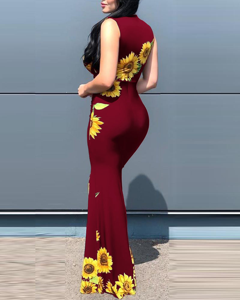 Plunge Sunflower Print High Slit Party Dress