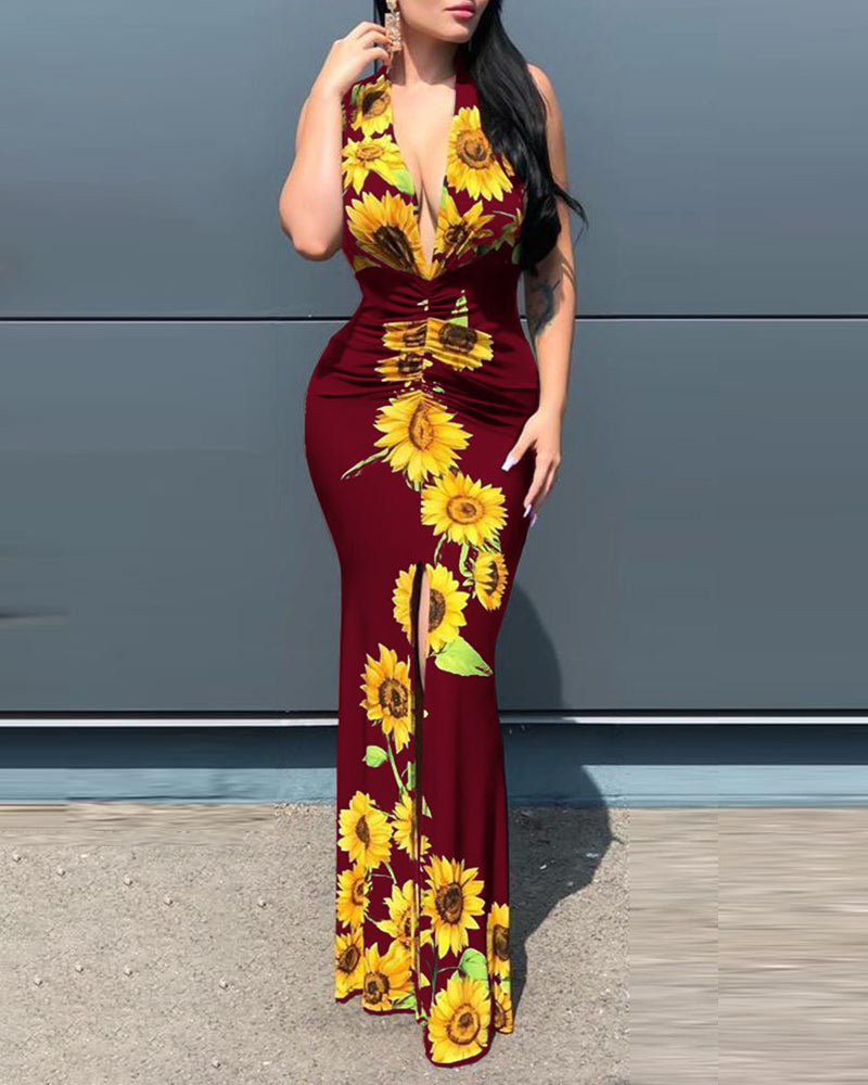Plunge Sunflower Print High Slit Party Dress