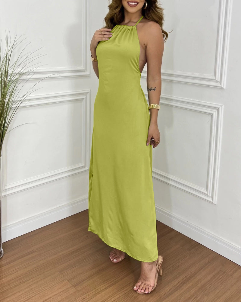 Halter Sleeveless Backless Maxi Dress Casual Shirred Back Side Slit Vacation Dress